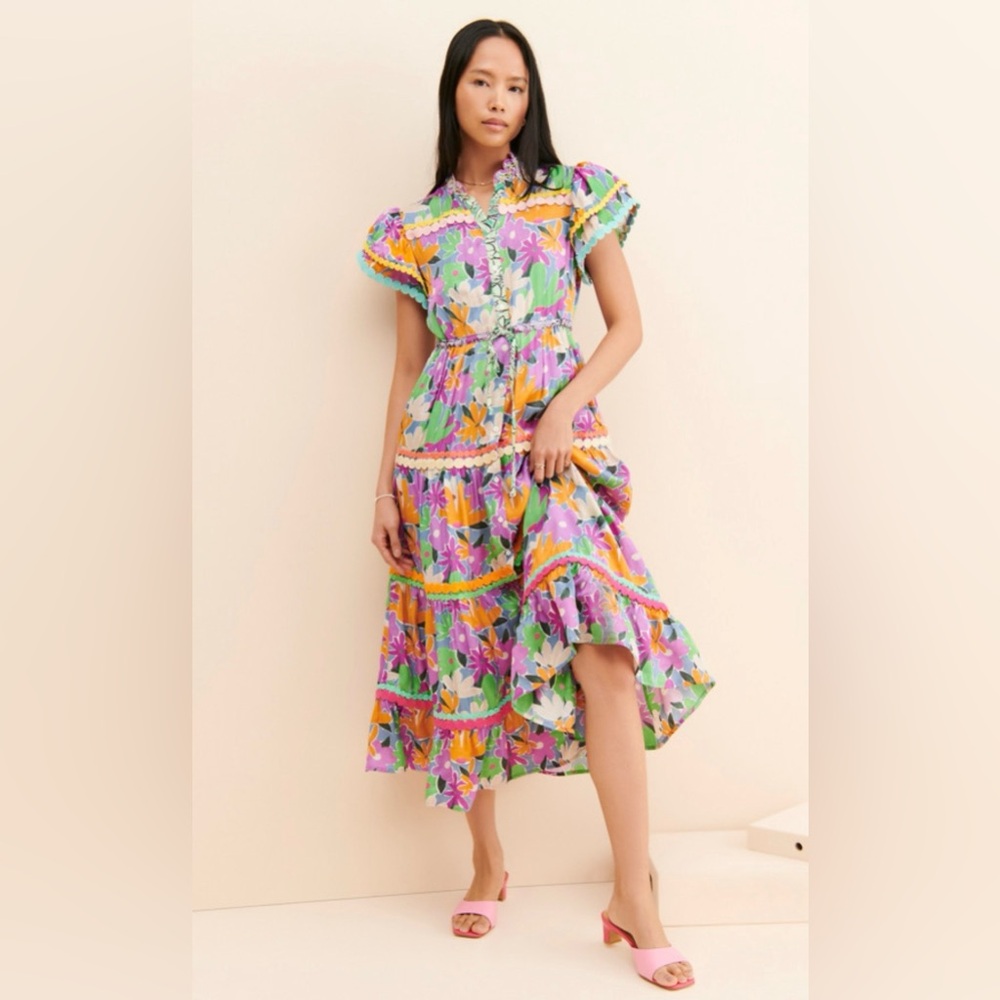 CeliaB Multi Floral Embroidered Ruffle Tiered Aneeta Midi Dress Eccentric Fun‎